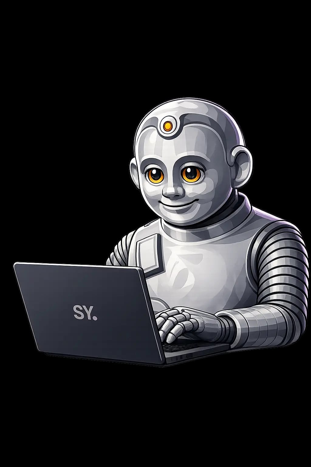 The mascot working on a laptop